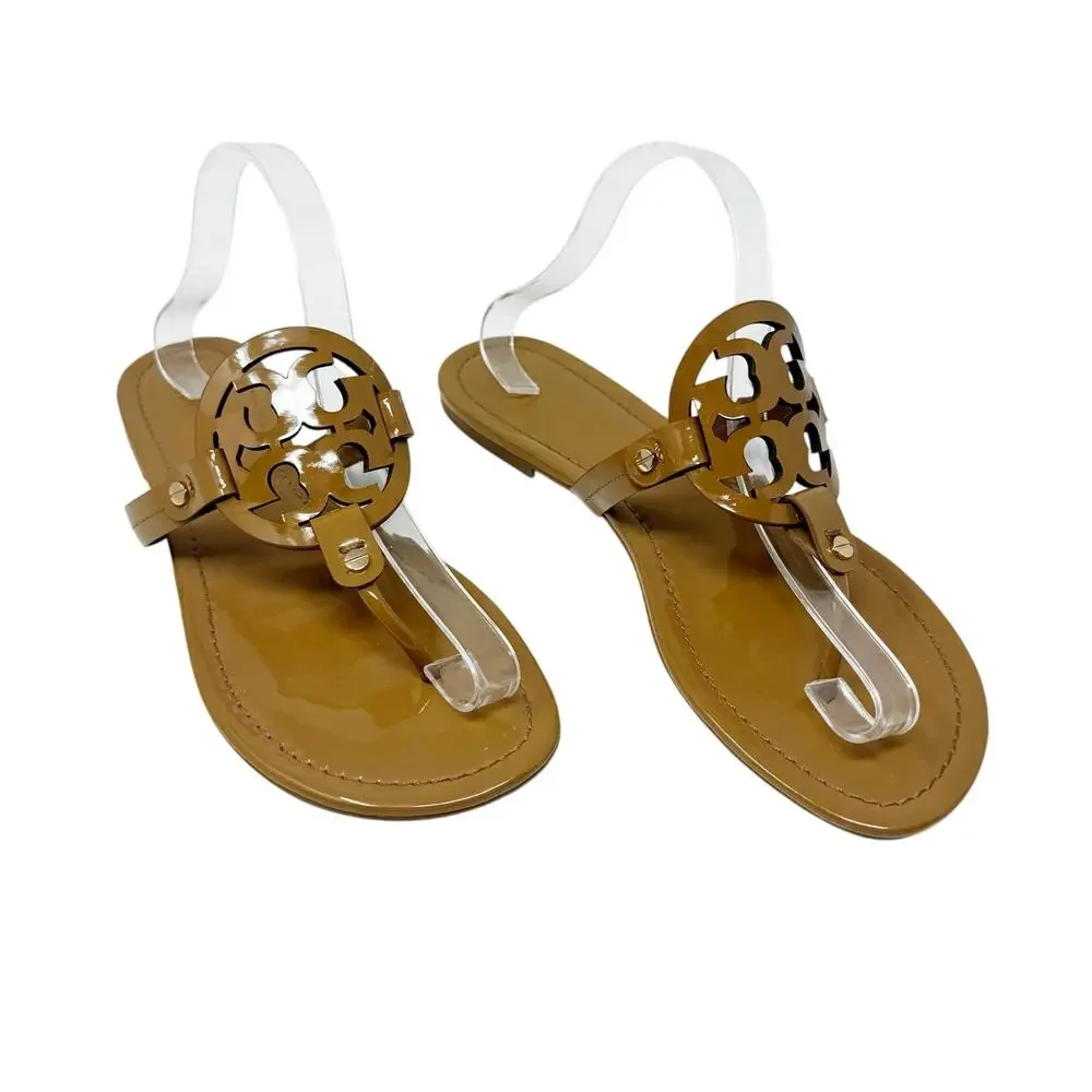 Tory Burch Miller Sandal Tan Patent Leather Logo Medallion Thong Flat Size 11